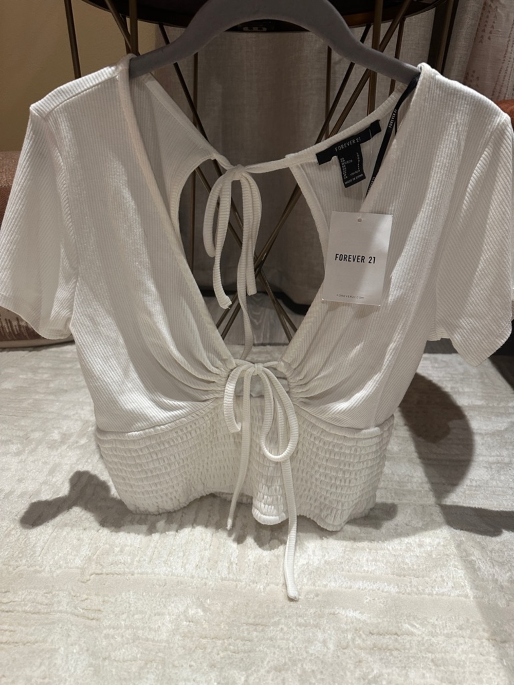 Forever 21 White Ribbed Tie-Front Smocked Crop Top